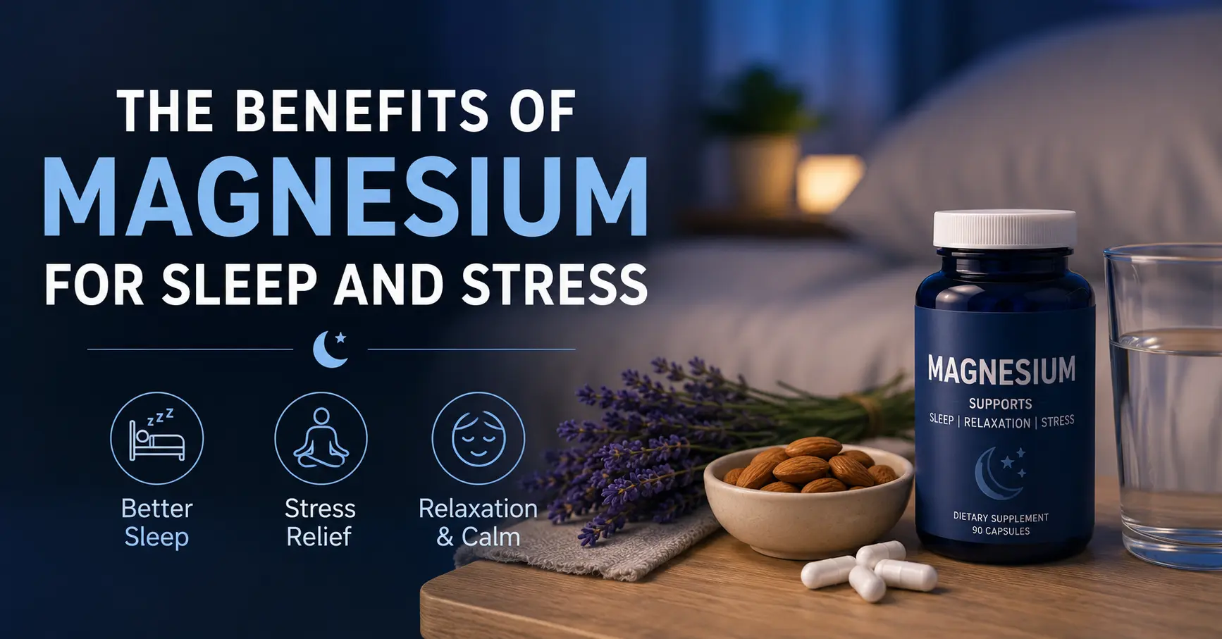 Magnesium supplement for sleep, relaxation, and stress support beside a cozy nighttime bedroom scene