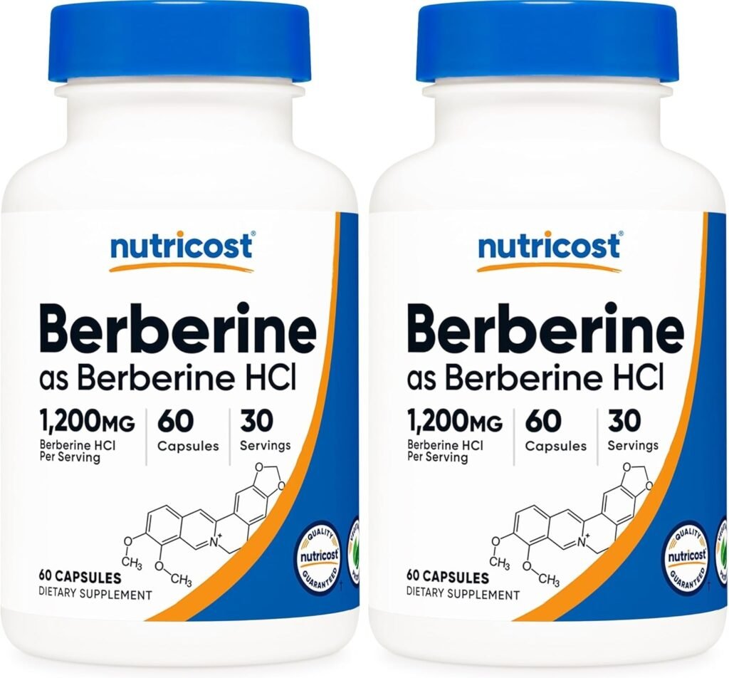 Nutricost Berberine 1200mg supplement bottle - budget-friendly high-potency formula for blood sugar support and metabolic health