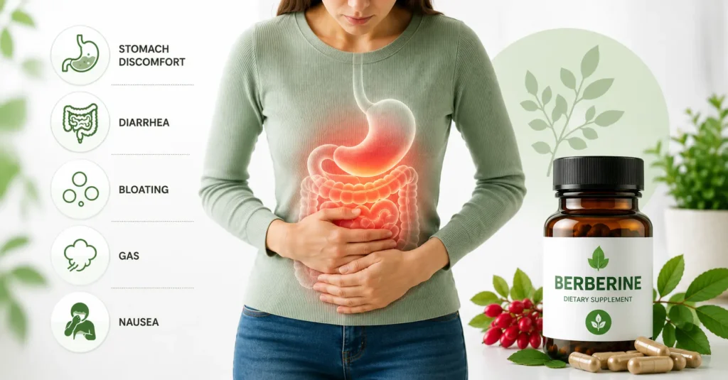 Woman experiencing mild digestive discomfort with an illustration highlighting common berberine side effects, including stomach discomfort, diarrhea, bloating, gas, and nausea.