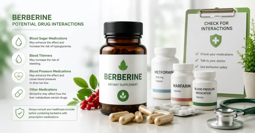 Illustration showing potential berberine drug interactions with diabetes medications, blood thinners, and blood pressure medicines alongside a berberine supplement bottle.