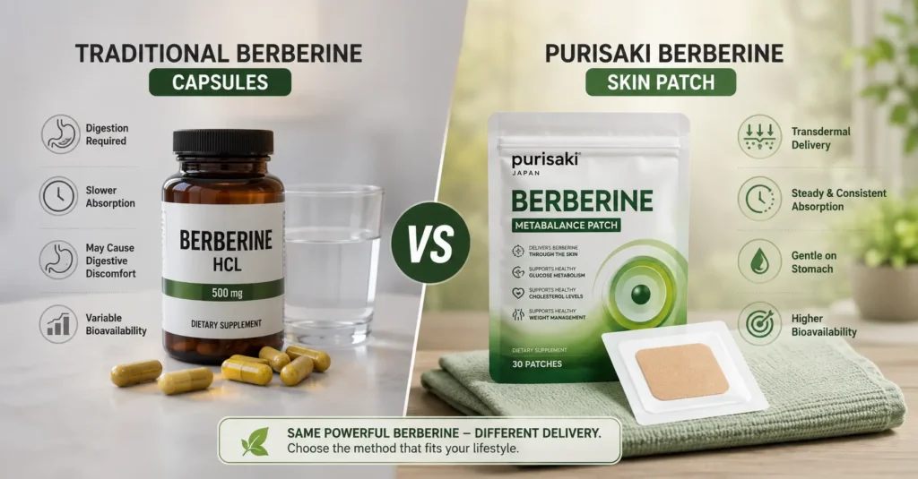 Comparison of traditional berberine capsules and Purisaki Berberine patches, illustrating the two delivery methods for daily supplementation.