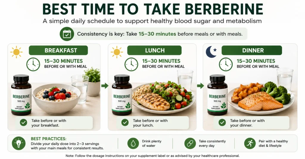 Infographic showing the best daily schedule for taking berberine before or with breakfast, lunch, and dinner to support healthy blood sugar and metabolism.