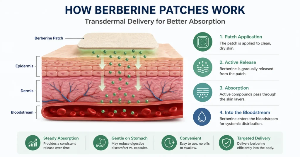 Infographic showing how a berberine patch releases active ingredients through the skin into the bloodstream using transdermal delivery.