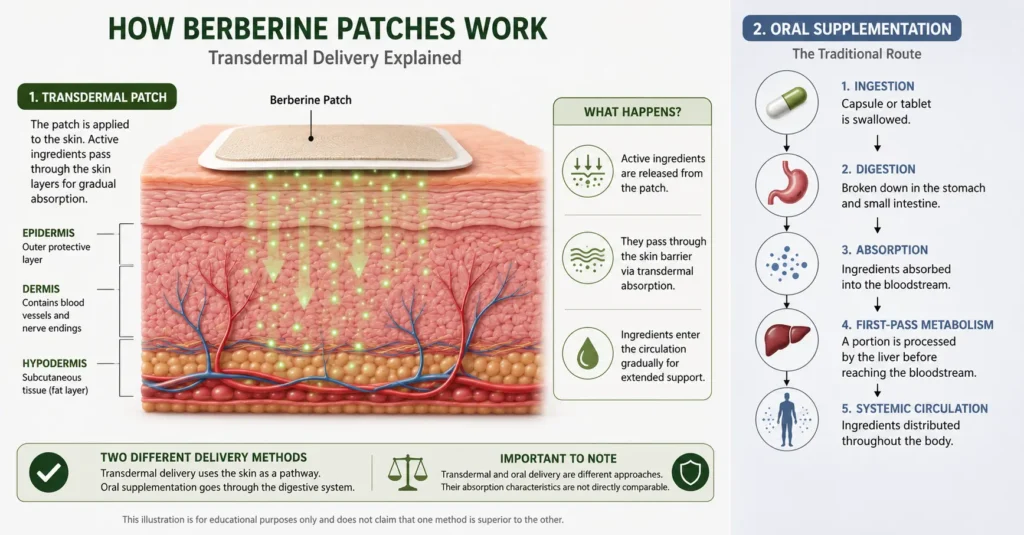 Illustration showing a berberine patch applied to the skin and a simplified comparison between transdermal delivery and traditional oral supplementation.