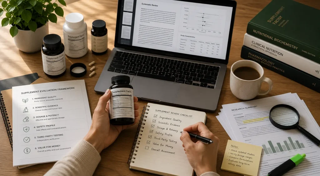 Research-based supplement evaluation process at VitaWeller, including ingredient analysis, scientific research, and product review methodology.
