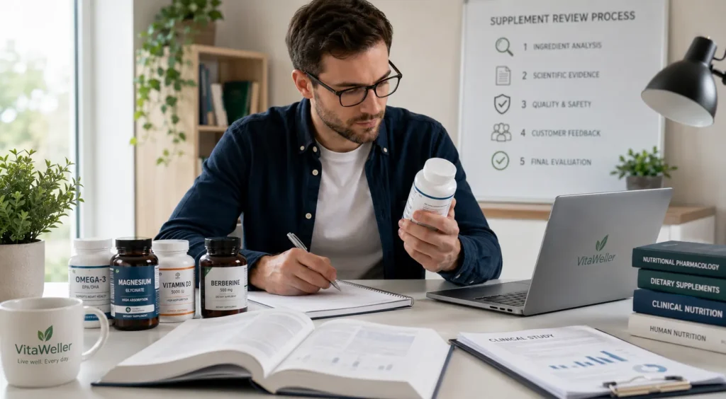 Health editor reviewing dietary supplement labels and scientific research for VitaWeller's supplement review process