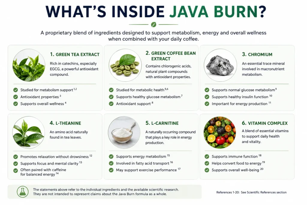 Infographic showing the main Java Burn ingredients including green tea extract, green coffee bean extract, chromium, L-theanine, L-carnitine, and vitamin complex