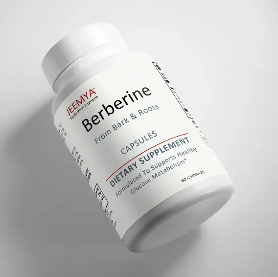 Close-up of the Jeemya Berberine HCl 800mg supplement bottle.