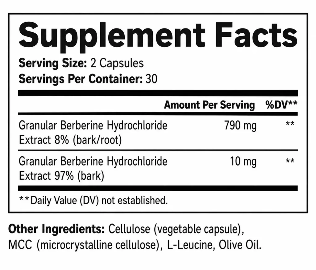 Supplement Facts label for Jeemya Berberine HCl 800mg showing serving size, berberine content, and other ingredients.