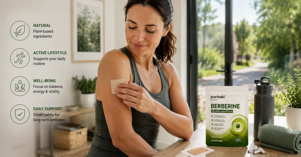 Active adult applying a Purisaki Berberine Patch before a morning walk or workout as part of a healthy daily wellness routine.