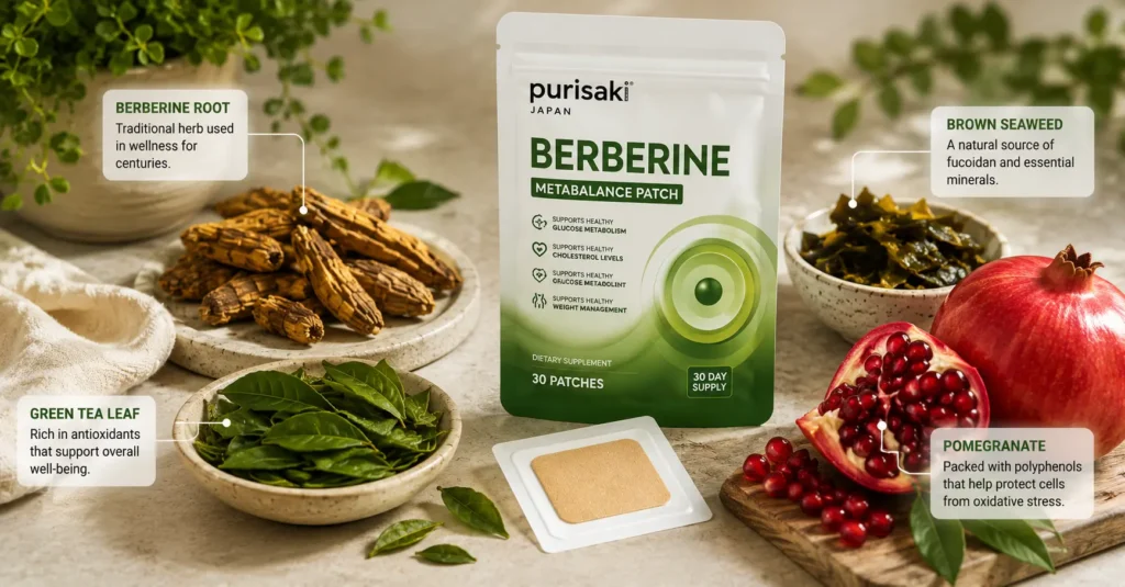 Purisaki Berberine Patch displayed with berberine root, green tea leaves, brown seaweed, and pomegranate as featured in the VitaWeller review.