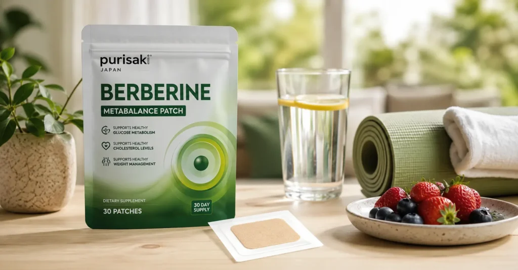 Purisaki Berberine Patches displayed in a clean lifestyle setting representing convenience and daily wellness support.