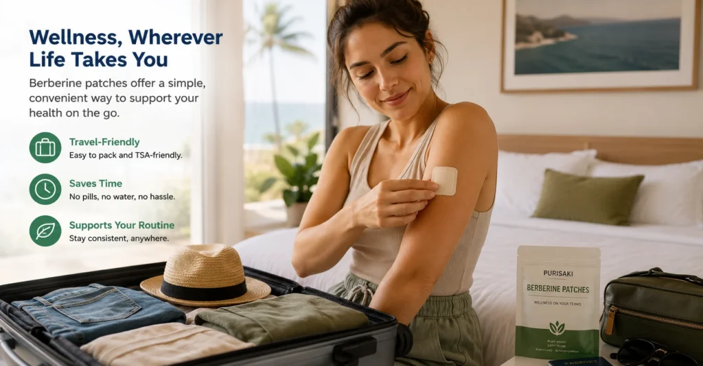 Traveler applying a Purisaki berberine patch while packing a suitcase, illustrating the convenience of transdermal berberine patches for busy lifestyles.