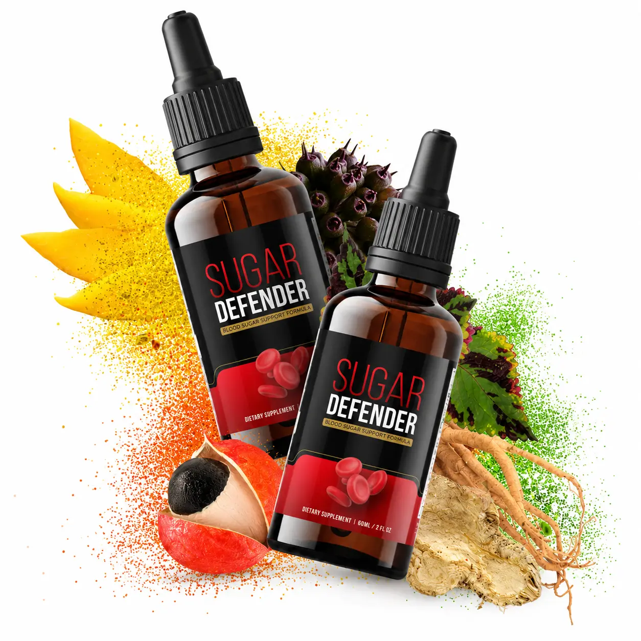 Two Sugar Defender blood sugar support formula bottles with natural ingredients on a white background.