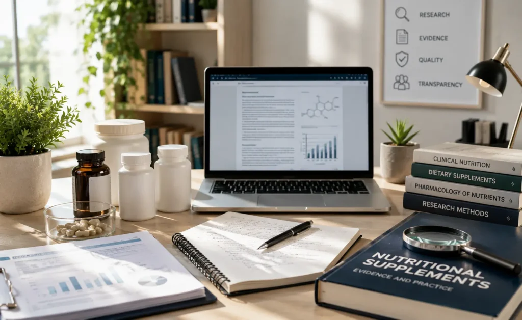 Professional workspace used to research dietary supplements, featuring scientific literature, supplement bottles, quality evaluation notes, and evidence-based review materials.