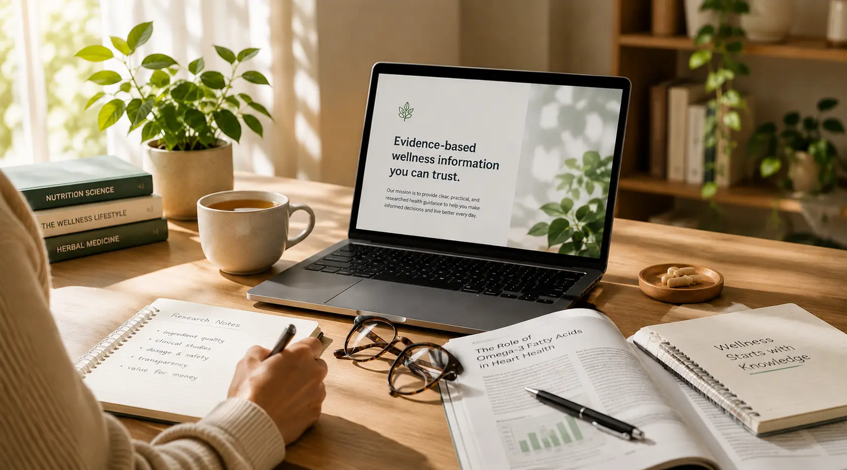 VitaWeller wellness workspace with natural supplements and evidence-based health resources