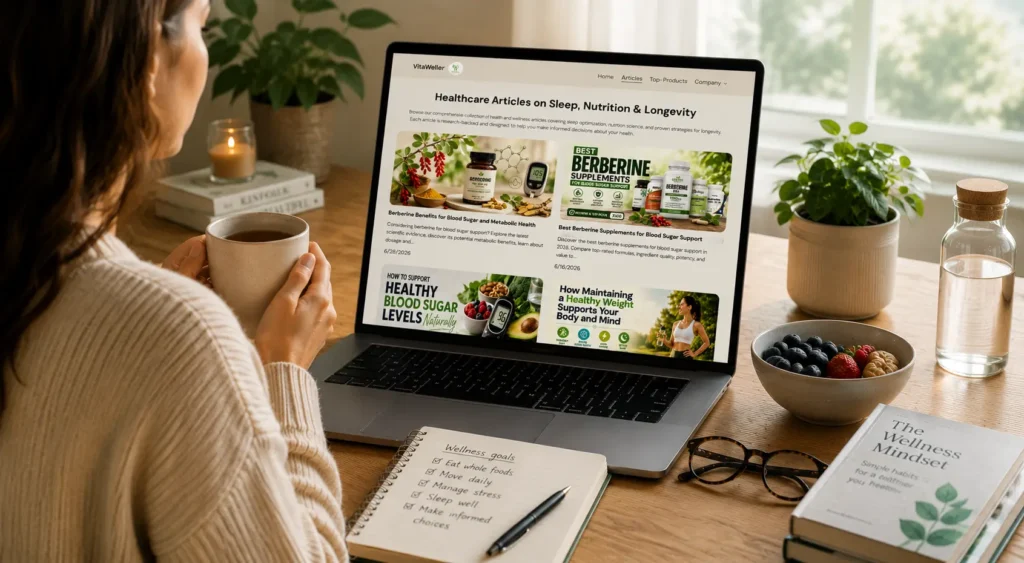 Person reading evidence-based wellness content on VitaWeller while enjoying a healthy lifestyle at home.