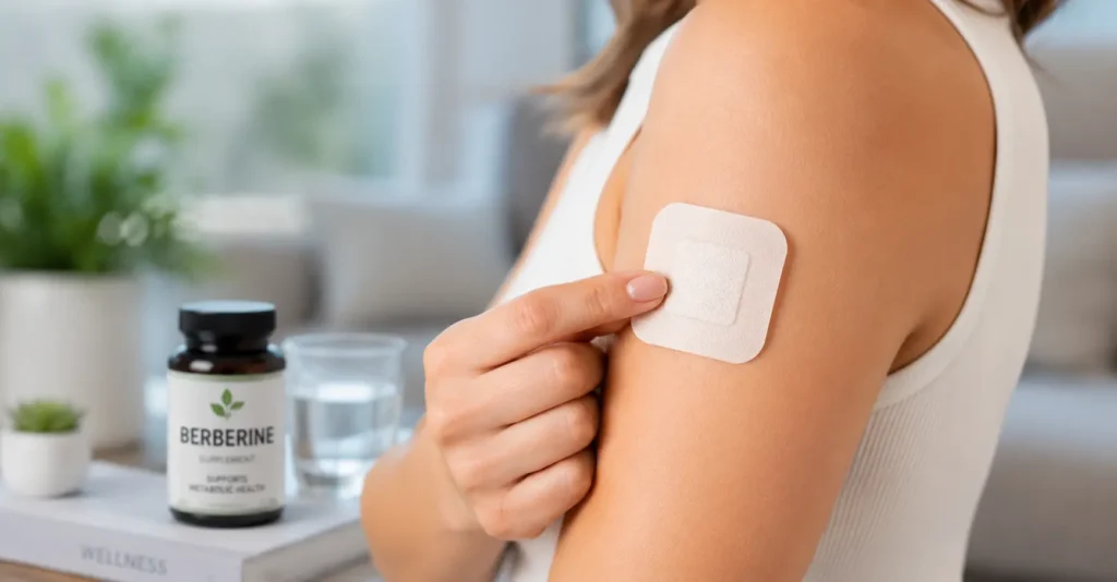 Person applying a berberine patch to the upper arm as an alternative to oral berberine capsules.