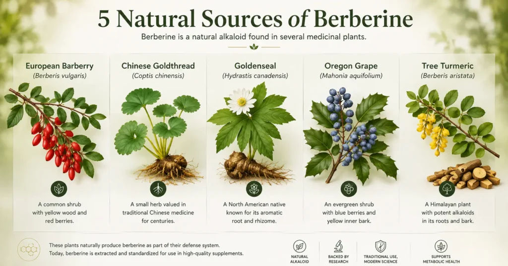 Illustration showing five natural plant sources of berberine: European barberry, Chinese goldthread, goldenseal, Oregon grape, and tree turmeric.