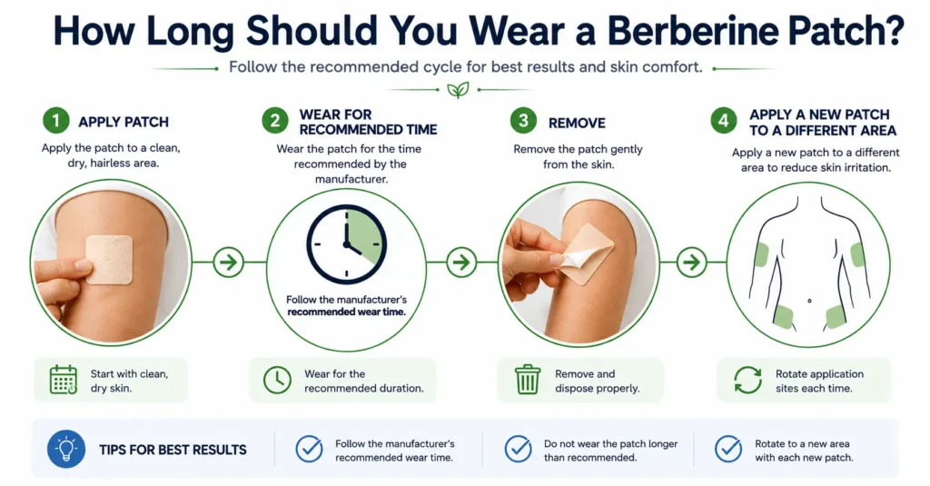 Timeline infographic showing how long to wear a berberine patch, including applying the patch, wearing it for the manufacturer's recommended time, removing it, and applying a new patch to a different area.