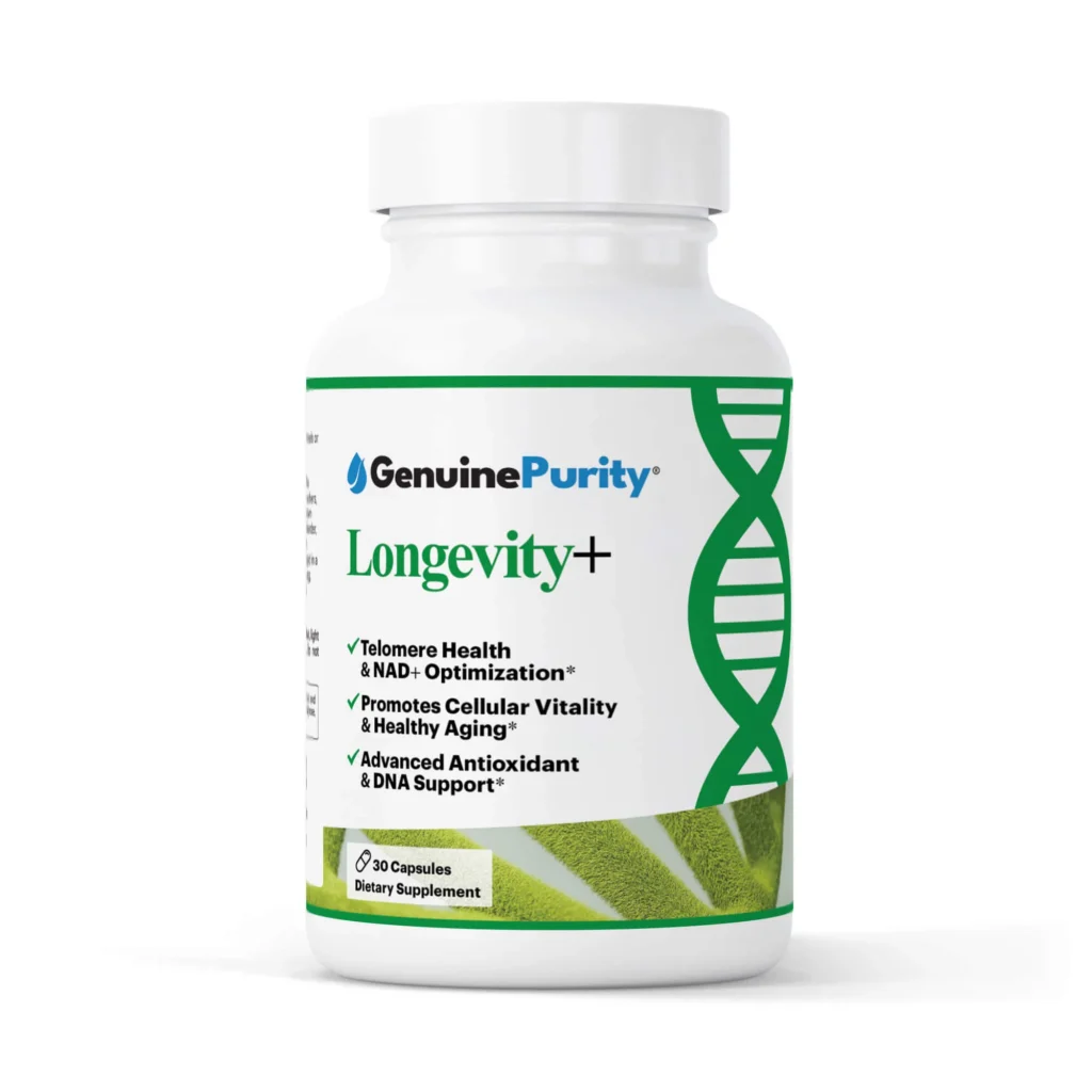 Front label of Genuine Purity Longevity+ bottle