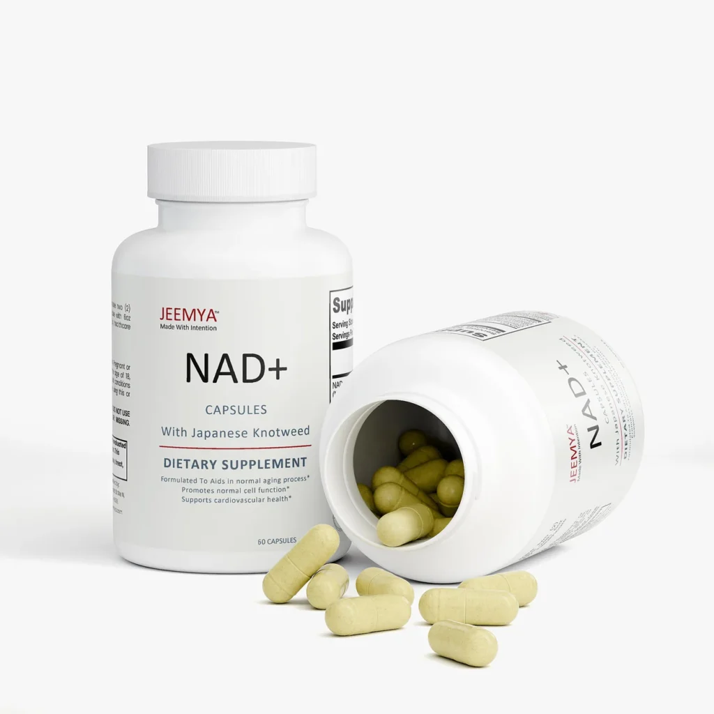 Jeemya NAD+ supplement bottles and capsules