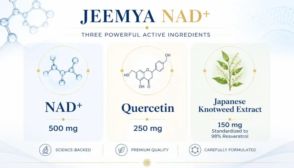 Jeemya NAD+ ingredients infographic showing NAD+, quercetin, and resveratrol