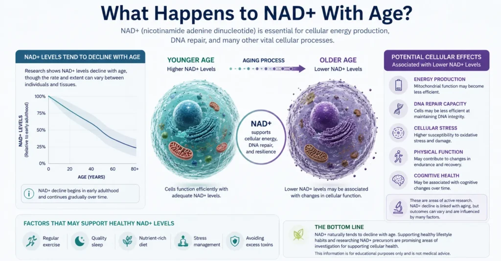 Infographic showing NAD+ levels declining with age and potential effects on cellular function