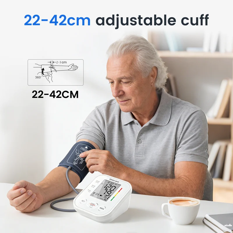 Adult using the Sinocare ARM-30E+ upper arm blood pressure monitor at home