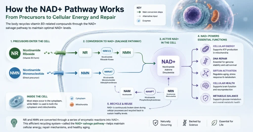 NAD+ salvage pathway showing NR and NMN conversion into NAD+