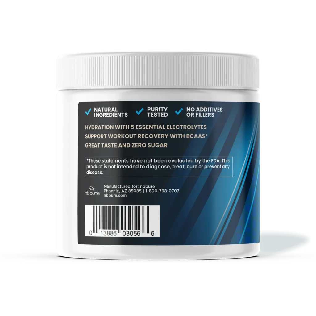 NBPure Hydration+ label highlighting electrolytes, BCAAs, and recovery support