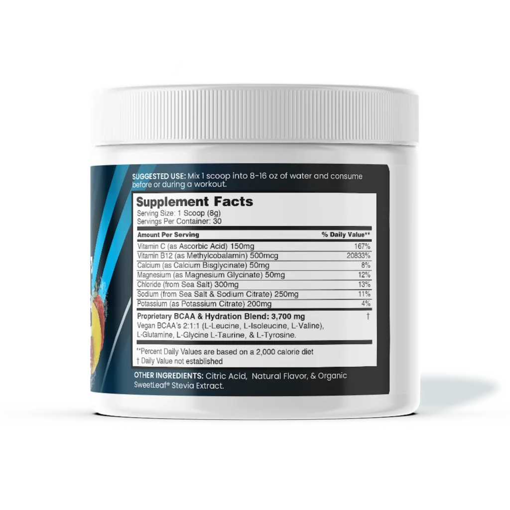 NBPure Hydration+ Supplement Facts label with electrolytes, vitamins, minerals, and BCAA blend