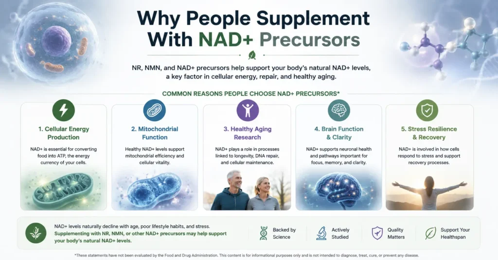 Common reasons people consider NAD+ precursors including energy, mitochondrial function, healthy aging, and brain health